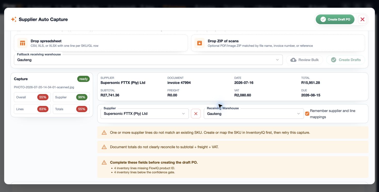 FlowIQ Supplier Auto Capture review with mapping confidence, warnings, and draft controls
