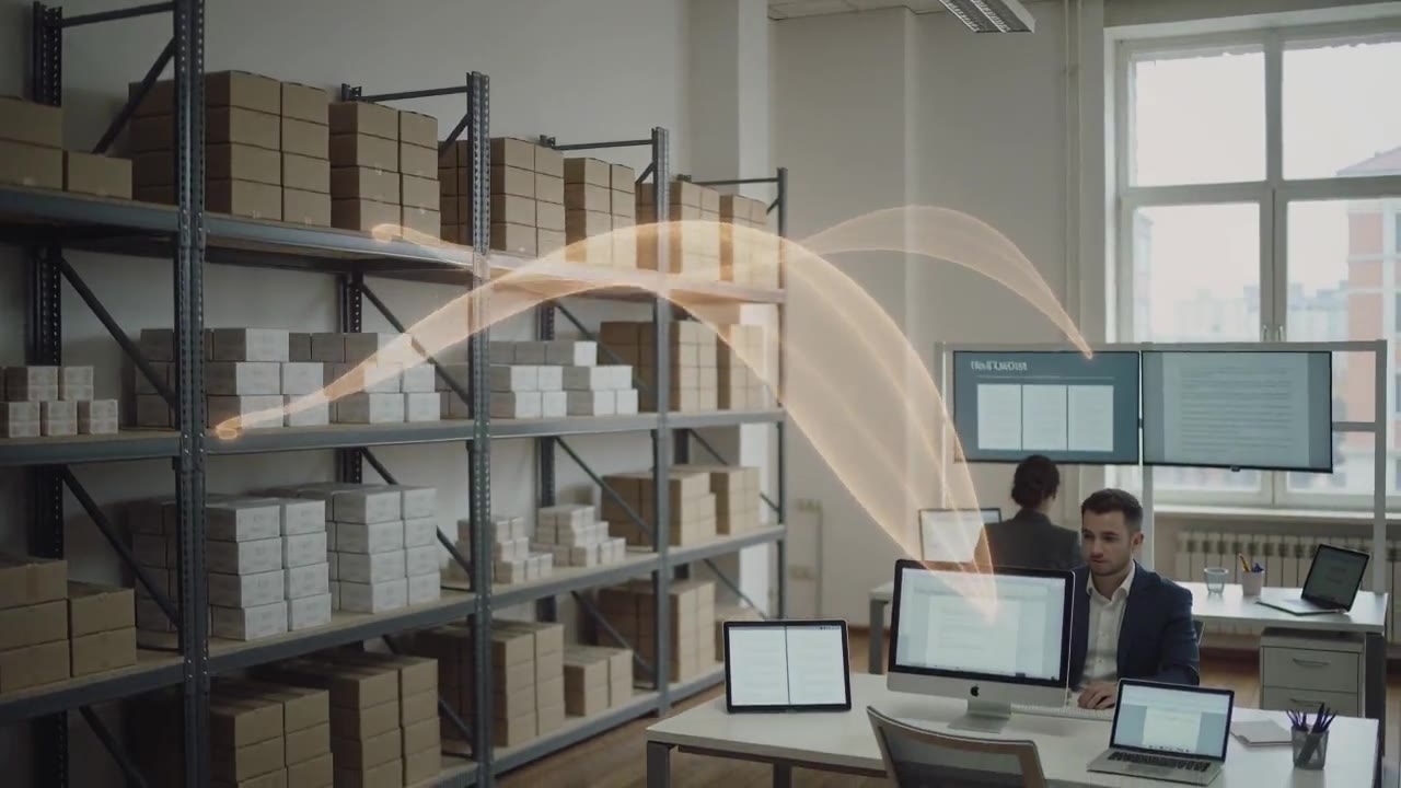 FlowIQ business operations hero scene showing warehouse stock, office users, connected devices, and orange operational data movement