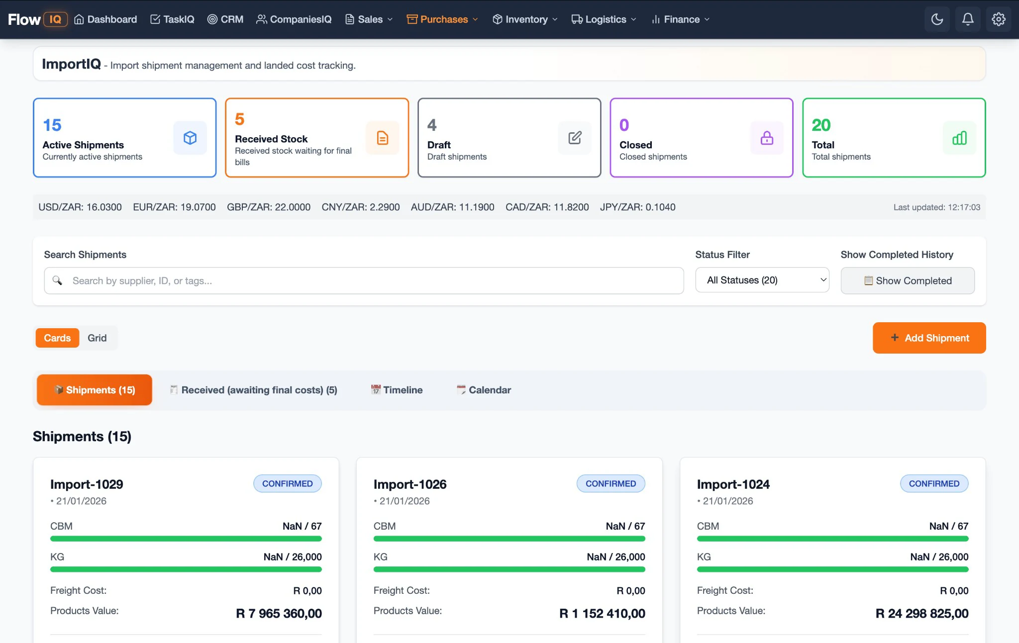 FlowIQ ImportIQ shipment and landed-cost workspace